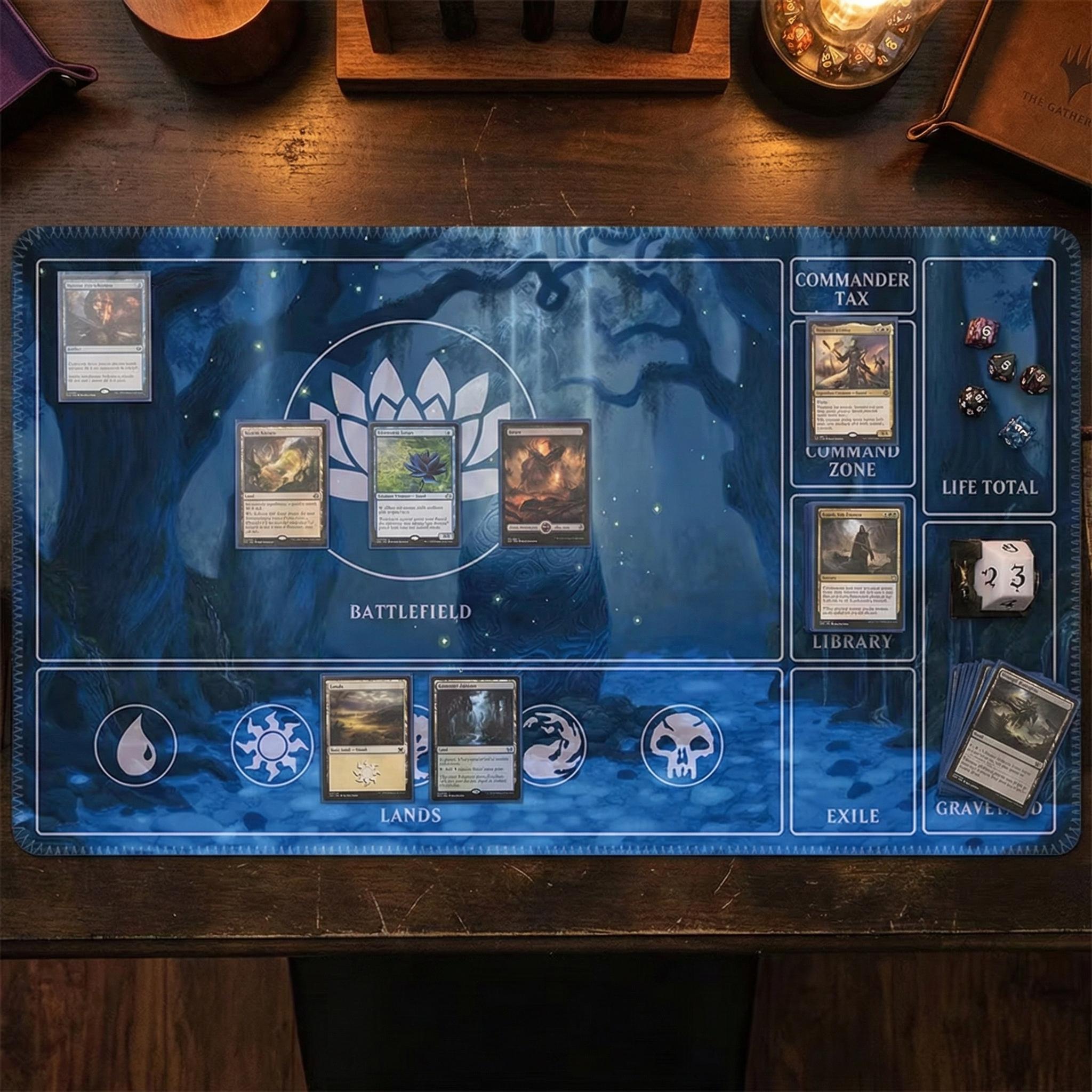 MTG Commander Playmat with Card Zones | Magic the Gathering EDH Gaming Mat | Blue Lotus Mystic Forest Design | TCG Tabletop Desk Mat | 24x14