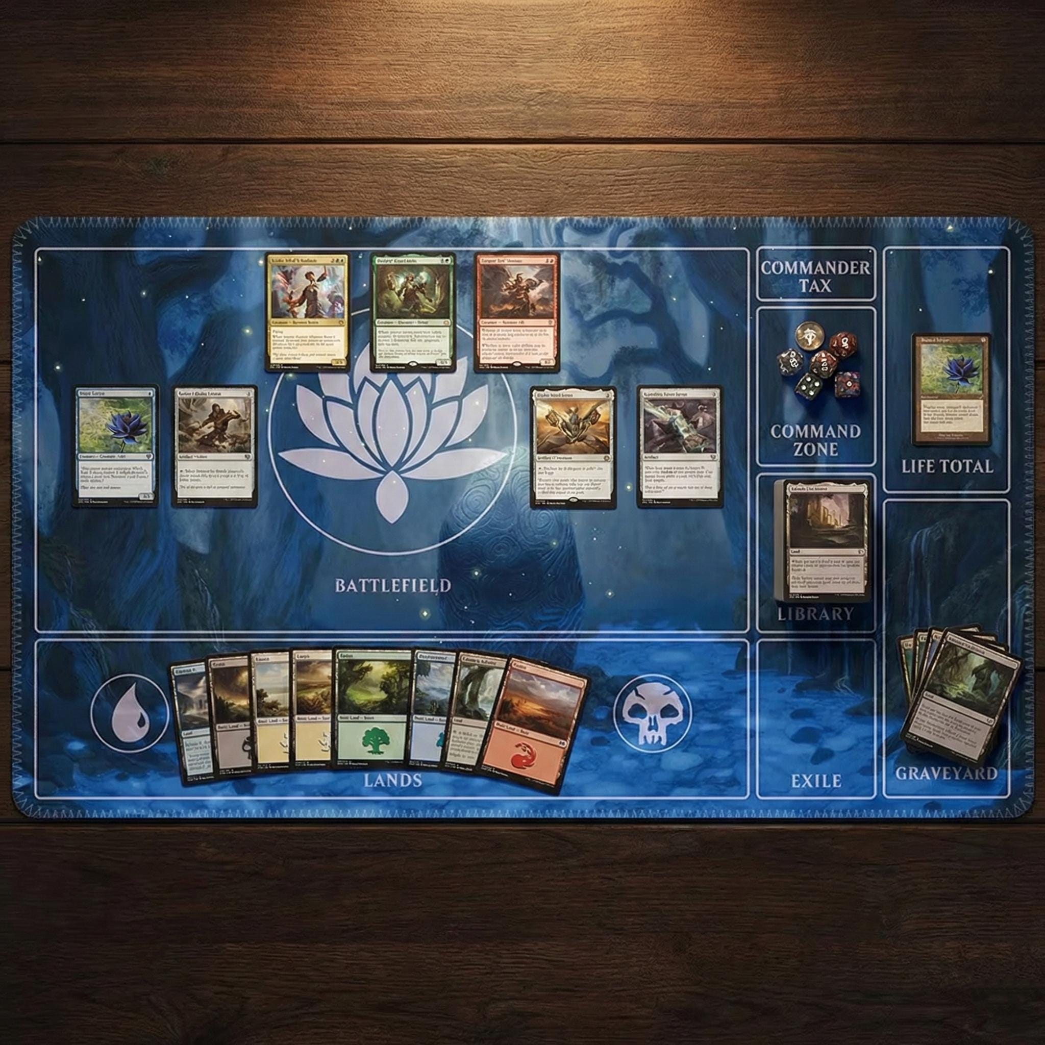 MTG Commander Playmat with Card Zones | Magic the Gathering EDH Gaming Mat | Blue Lotus Mystic Forest Design | TCG Tabletop Desk Mat | 24x14