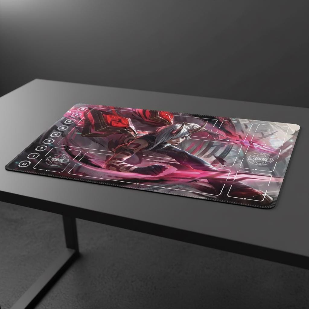 Irelia Blood Moon Riftbound LOL Playmat - League of Legends Inspired Trading Card Game - 24" x 14" inches (600 x 350 x 2 mm) Stitched Edges