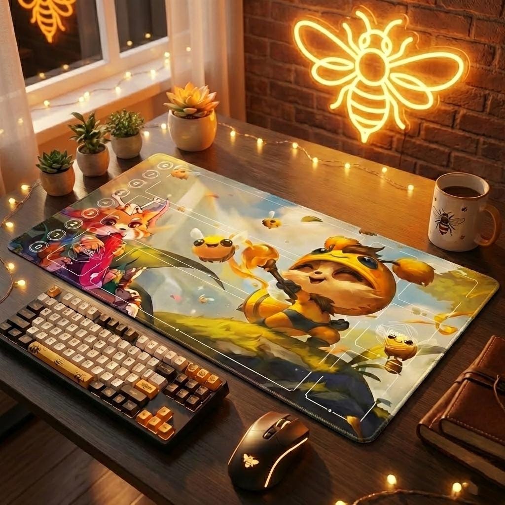 Teemo League of Legends Riftbound Playmat | Cute Bee Teemo Trading Card Game Pad | LOL Desk Mat 24" x 14" inches Stitched Edges