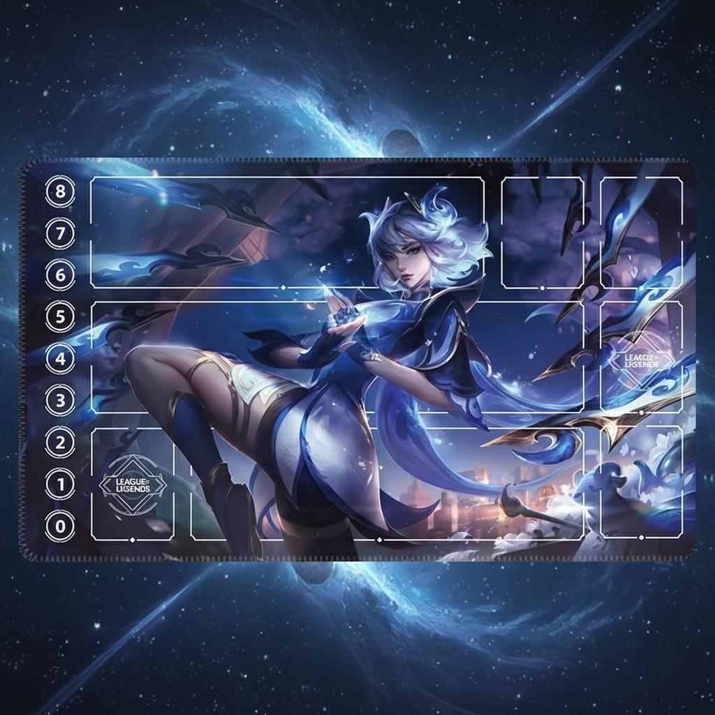 Gwen Cosmic TCG Playmat | League of Legends Inspired Card Mat with Zones & Life Tracker | LOL Riftbound Desk Mat | Stitched Edge 24x14