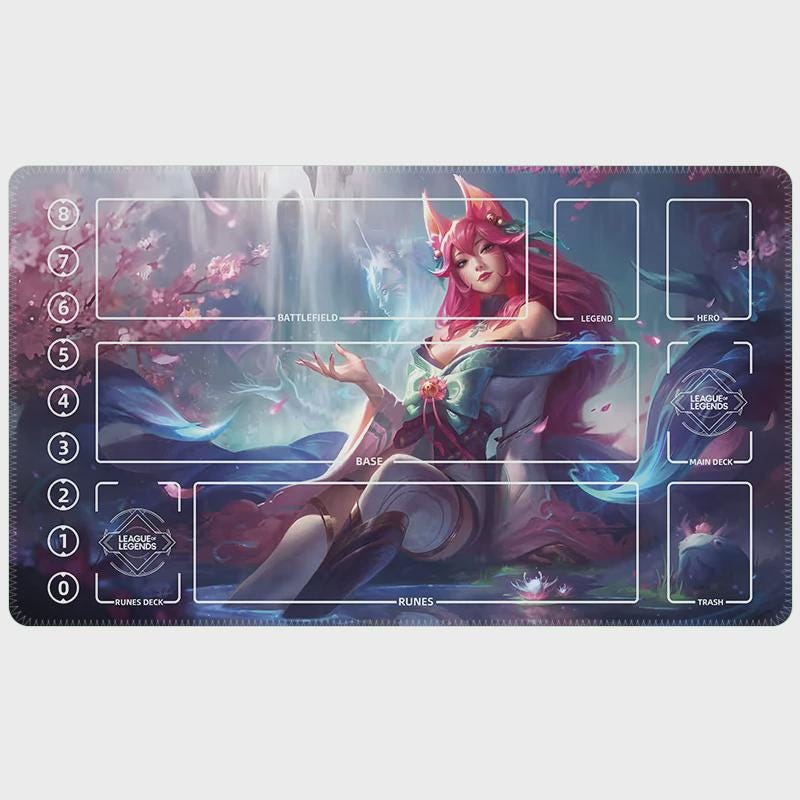 Spirit Blossom Ahri TCG Riftbound Playmat | League of Legends Card Game Mat with Zones | Anime Fox Girl Art | 24x14" inches Stitched Edges