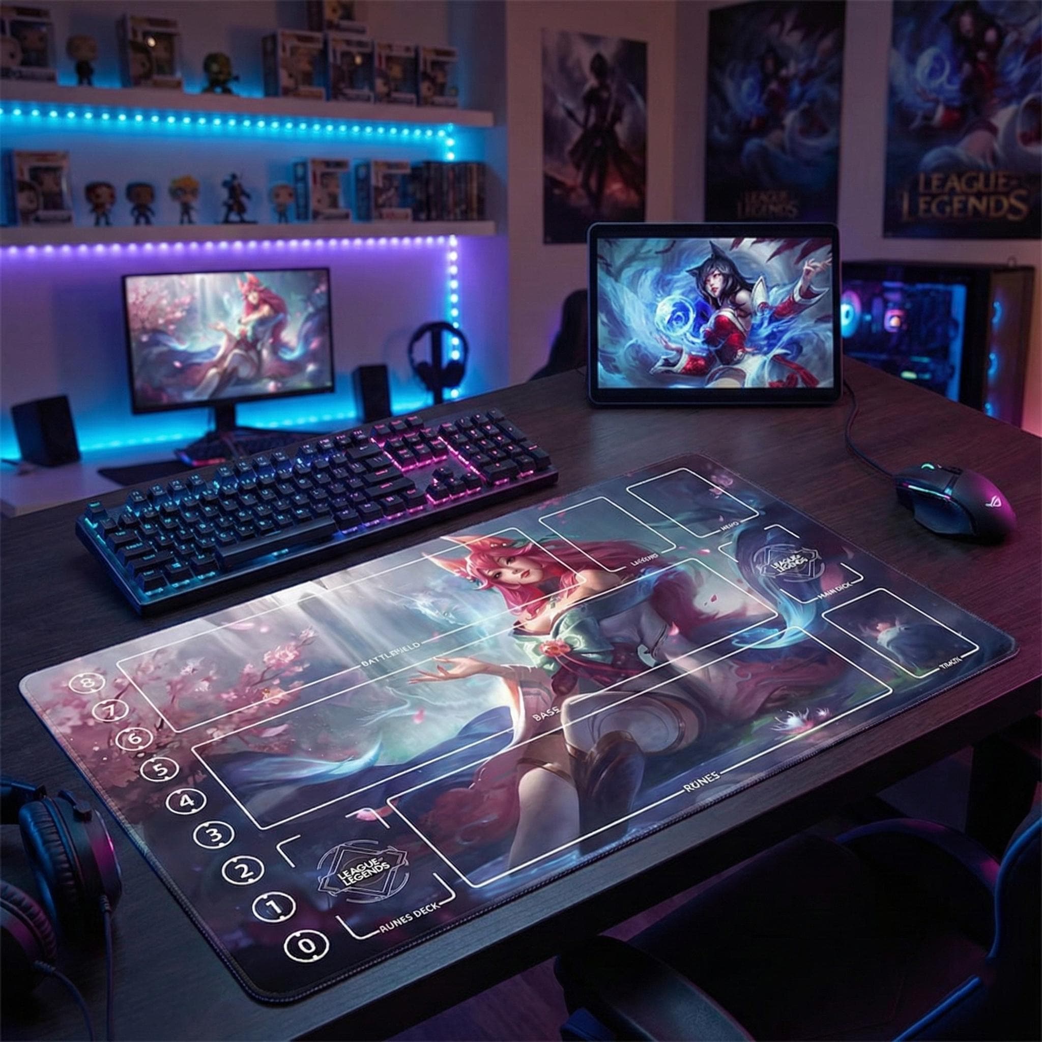 Spirit Blossom Ahri TCG Riftbound Playmat | League of Legends Card Game Mat with Zones | Anime Fox Girl Art | 24x14" inches Stitched Edges
