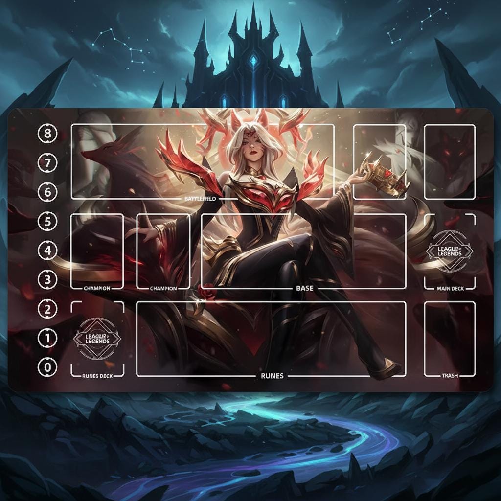Ahri Immortal Legend League of Legends Riftbound Playmat | Trading Card Game Pad | LOL Desk Mat | 24" x 14" inches Stitched Edges