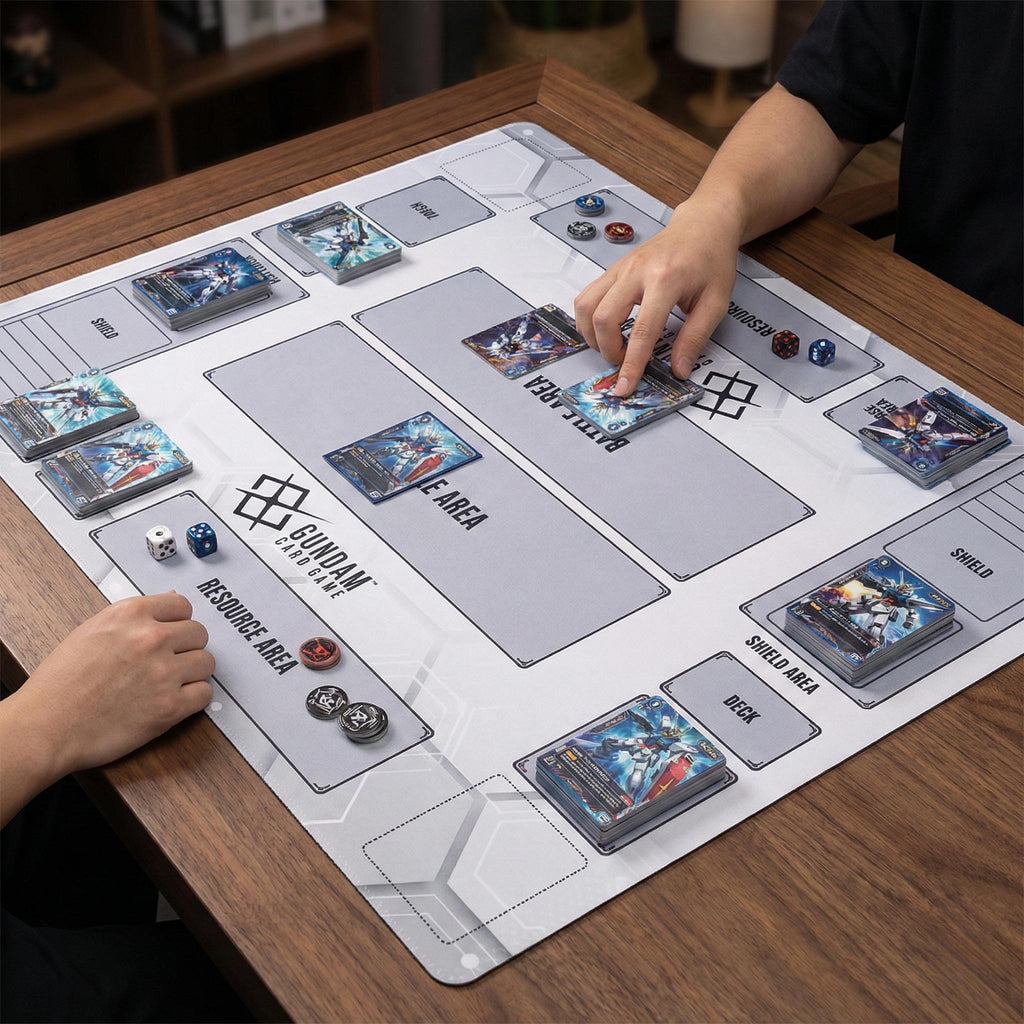 Duo Card Game Gundam Playmat | 2 Player TCG Battle Mat | Double Field Resource & Battle Zones | Two-Player Layout Table Game | Gray 60x60cm