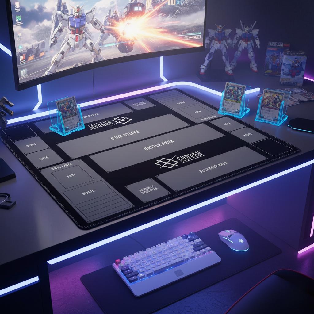 Duo Gundam TCG Playmat | 2 Player Card Game Battle Mat | Double Field Resource & Battle Zones | Two-Player Layout 60x60cm| Black 24 x 24"