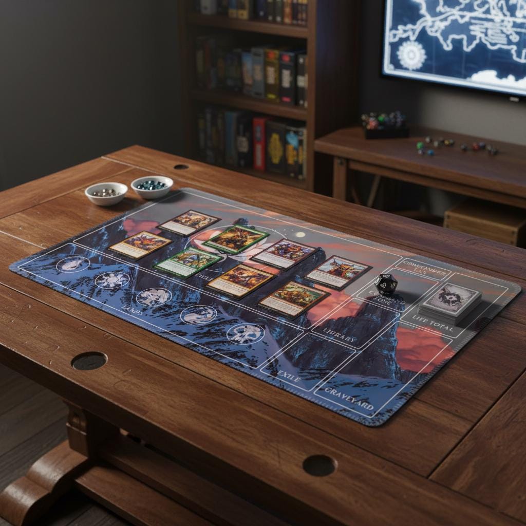 MTG Commander Playmat with Zones | Snowy Mountain Sunset Art | Magic the Gathering EDH Accessories | 5 Color Mana Layout | TCG Desk Mat