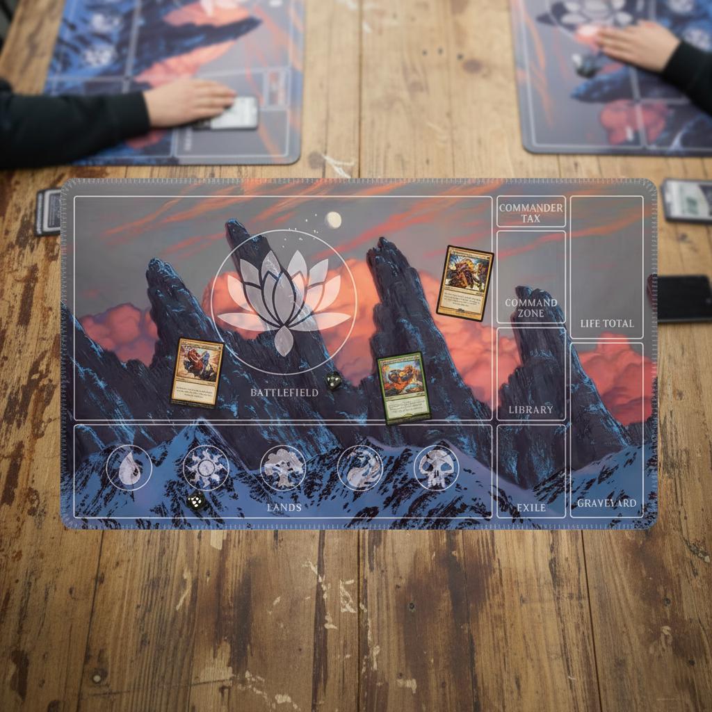 MTG Commander Playmat with Zones | Snowy Mountain Sunset Art | Magic the Gathering EDH Accessories | 5 Color Mana Layout | TCG Desk Mat