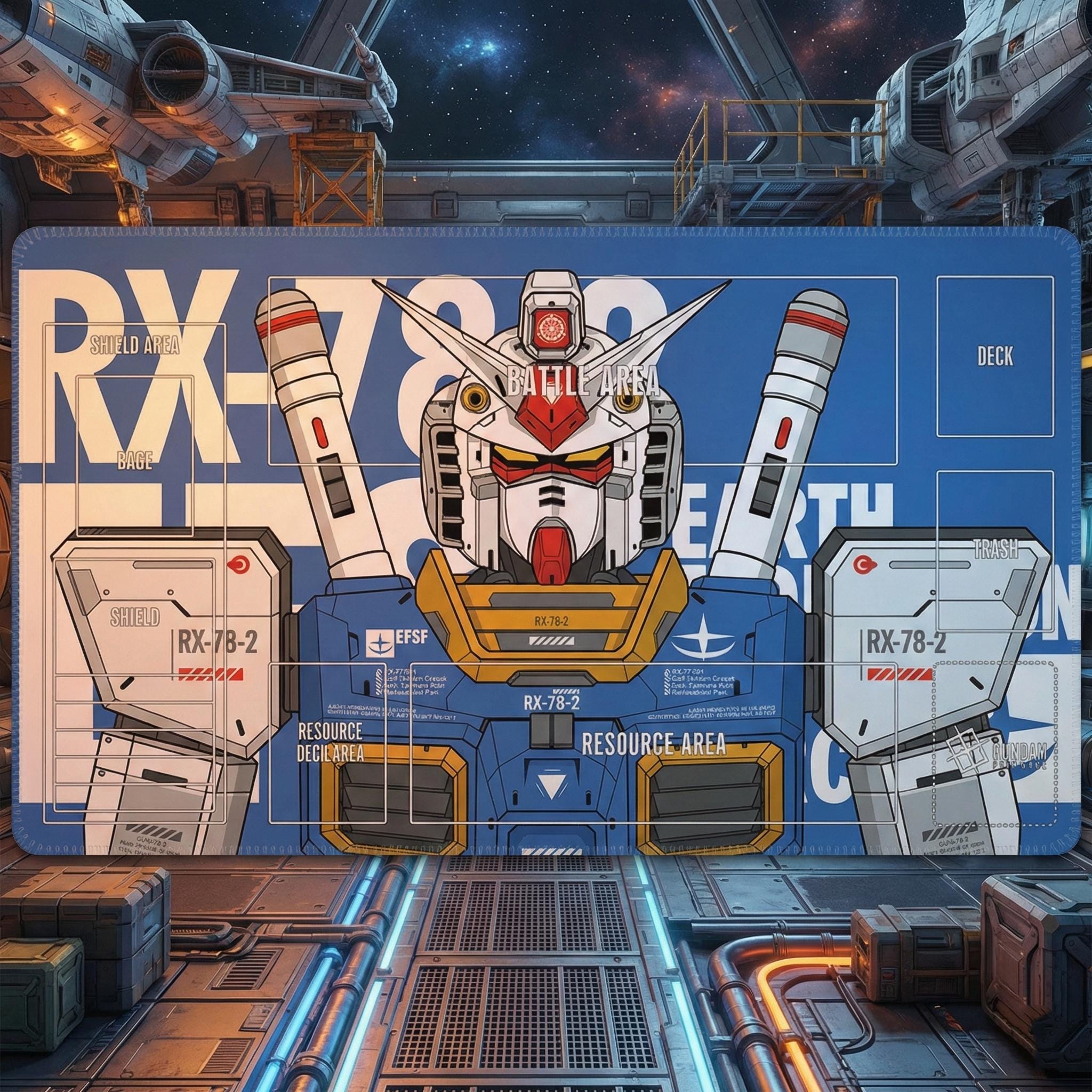 RX-78-2 Gundam TCG Playmat 24x14", Mobile Suit Desk Mat, Stitched Edges, Non-Slip Rubber, Pro Card Game Pad 600x350x2mm, Fan Art Gamer Gift