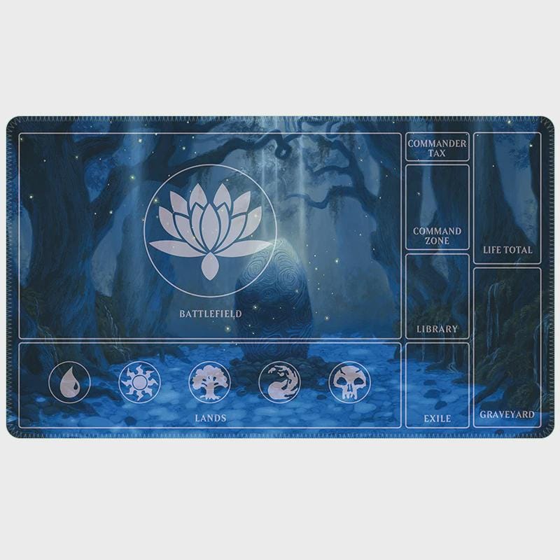 MTG Commander Playmat with Card Zones | Magic the Gathering EDH Gaming Mat | Blue Lotus Mystic Forest Design | TCG Tabletop Desk Mat | 24x14