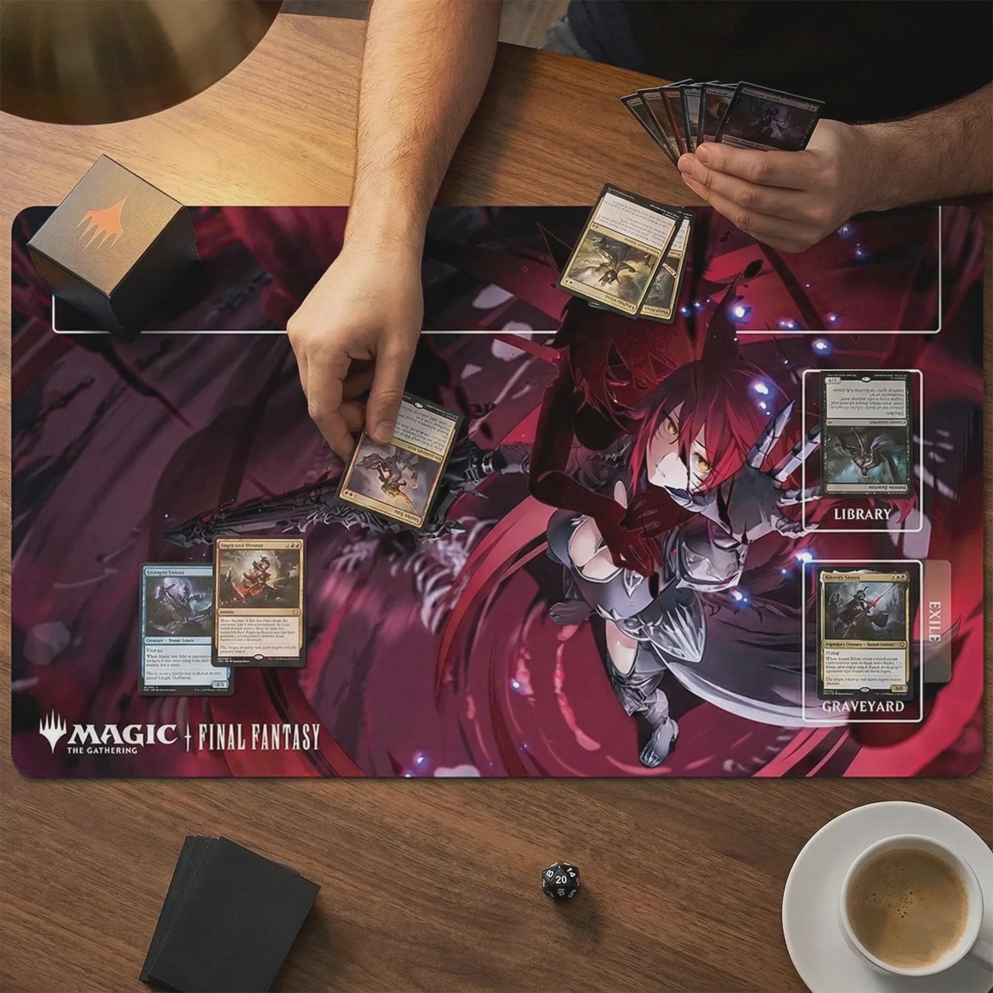 Crimson Anime Warrior Playmat for MTG | TCG Game Mat with Library & Graveyard Zones | Final Fantasy x Magic Style Desk Mat | 24 x 14 inches