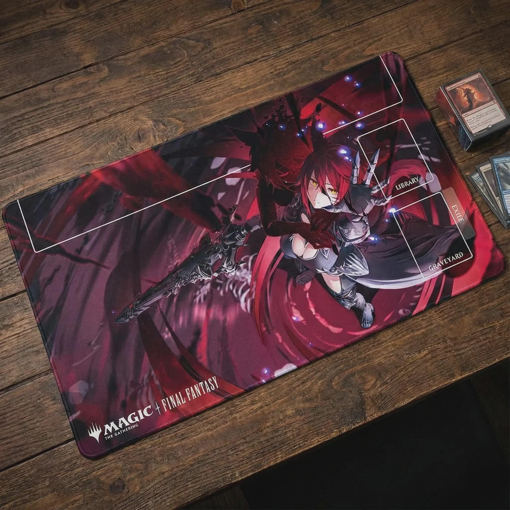 Crimson Anime Warrior Playmat for MTG | TCG Game Mat with Library & Graveyard Zones | Final Fantasy x Magic Style Desk Mat | 24 x 14 inches