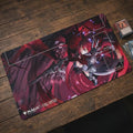 Crimson Anime Warrior Playmat for MTG | TCG Game Mat with Library & Graveyard Zones | Final Fantasy x Magic Style Desk Mat | 24 x 14 inches