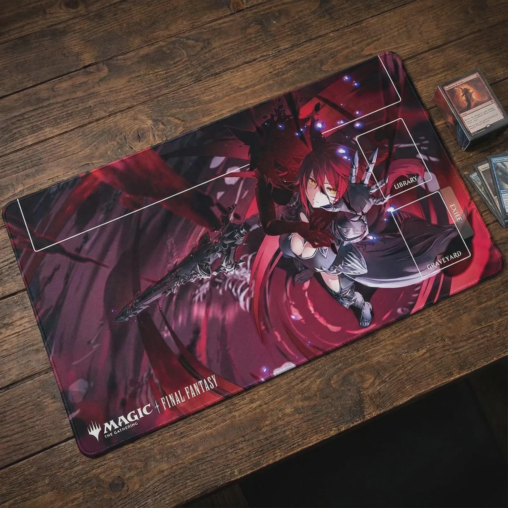 Crimson Anime Warrior Playmat for MTG | TCG Game Mat with Library & Graveyard Zones | Final Fantasy x Magic Style Desk Mat | 24 x 14 inches