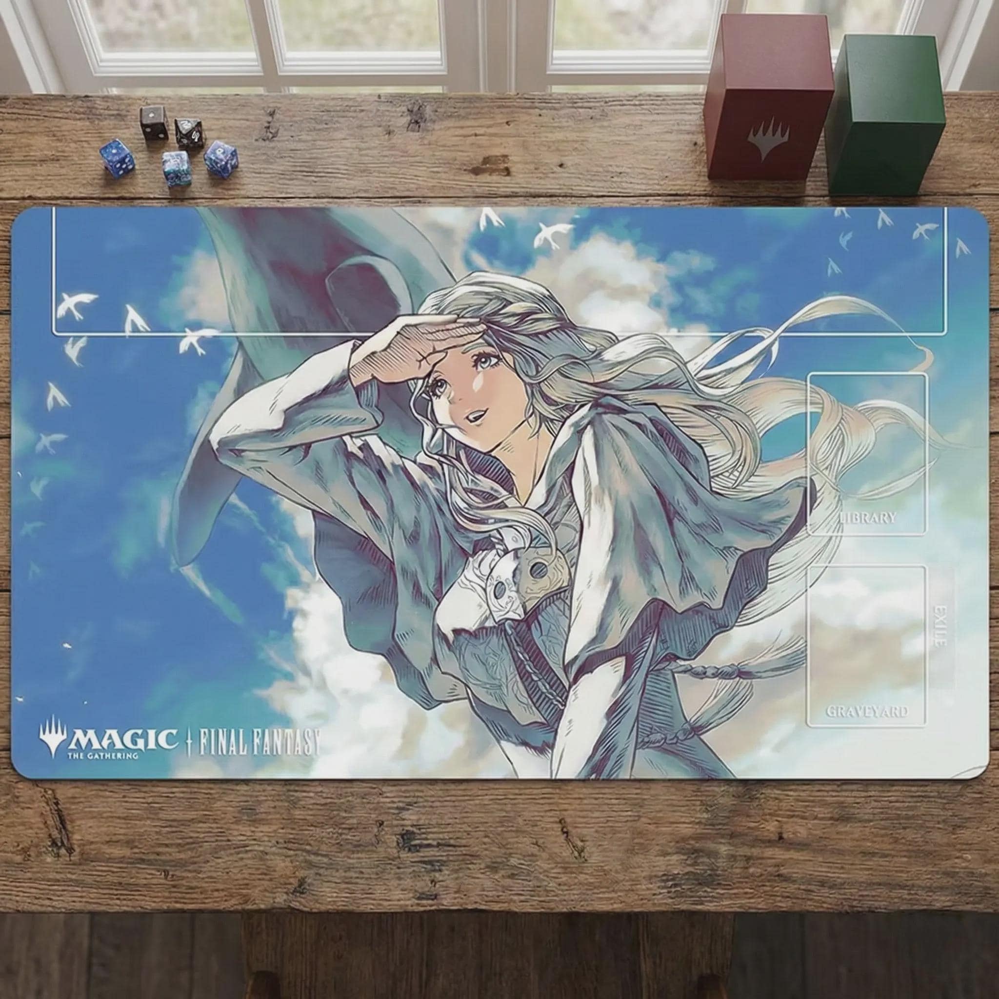 Final Fantasy x MTG Playmat - Anime Girl & Whale Sky Art - 24 x 14" Standard Size Mat with Card Zones - Magic The Gathering Gift for Gamers