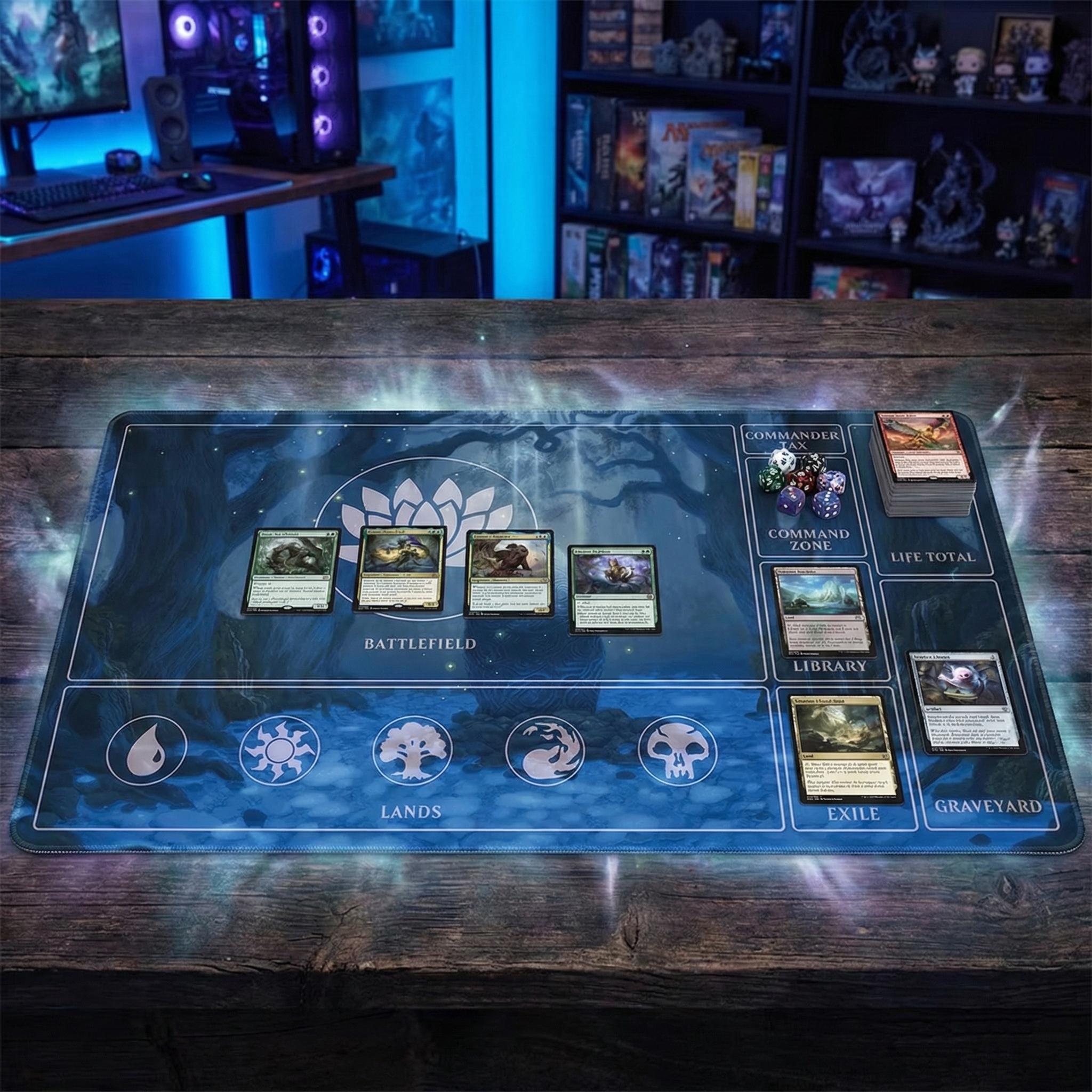 MTG Commander Playmat with Card Zones | Magic the Gathering EDH Gaming Mat | Blue Lotus Mystic Forest Design | TCG Tabletop Desk Mat | 24x14