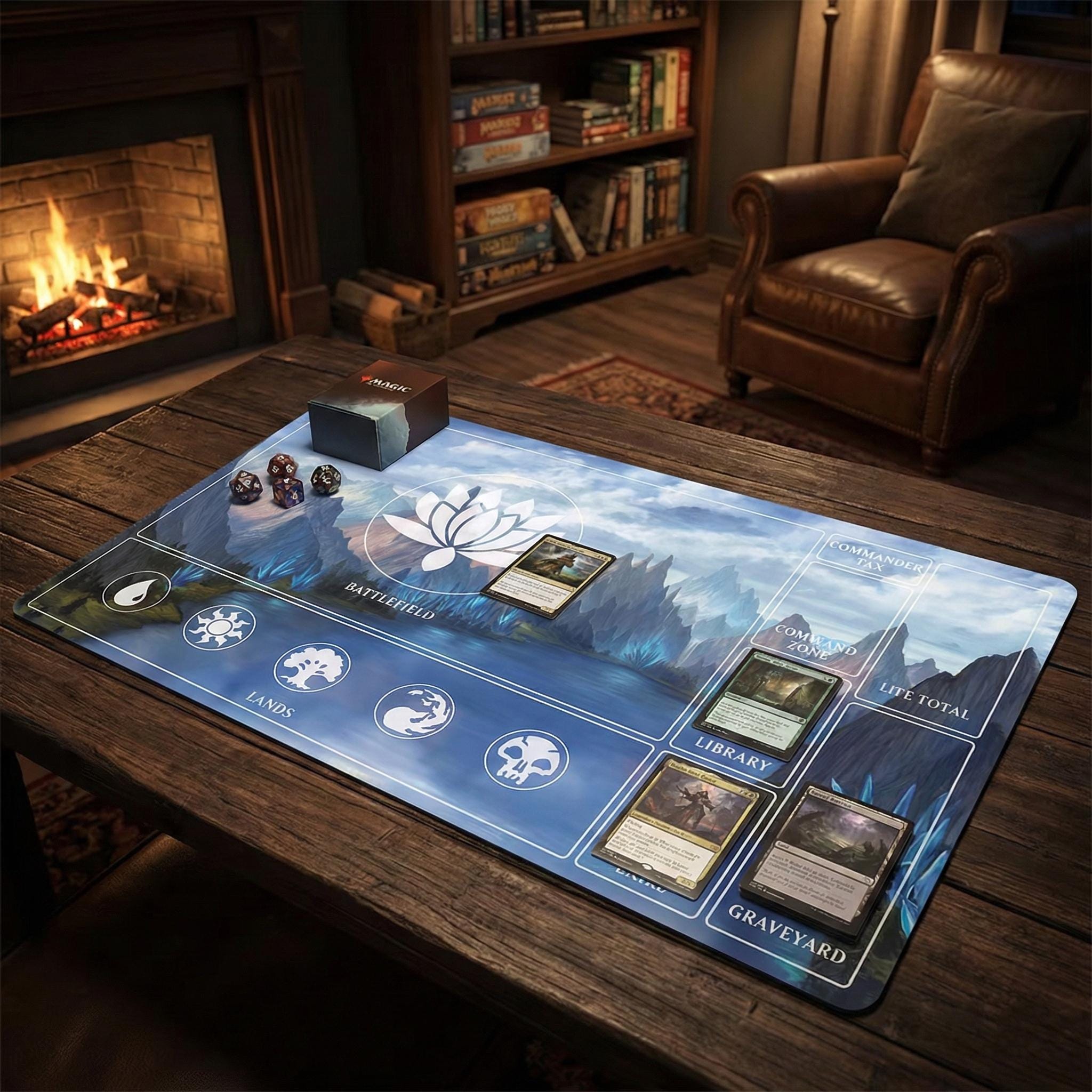 MTG Commander Playmat with Zones | Blue Lotus Mountain Landscape | EDH Mat 24 x 14" | Magic The Gathering TCG Accessory