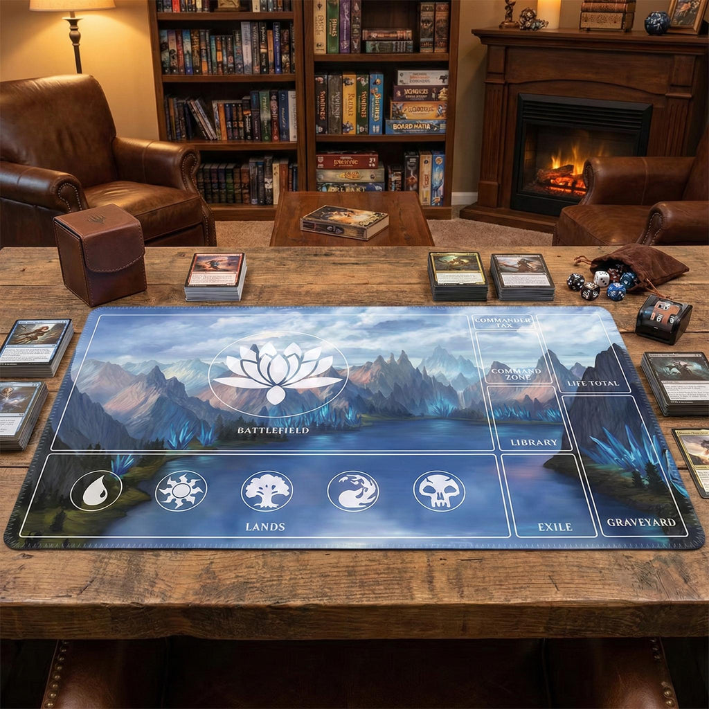 MTG Commander Playmat with Zones | Blue Lotus Mountain Landscape | EDH Mat 24 x 14" | Magic The Gathering TCG Accessory