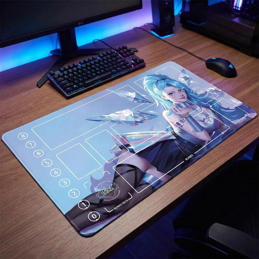 Seraphine Riftbound Playmat Stitched Edges - K/DA ALL OUT Seraphine League of Legends Inspired Trading Card Game - 24" x 14" inches