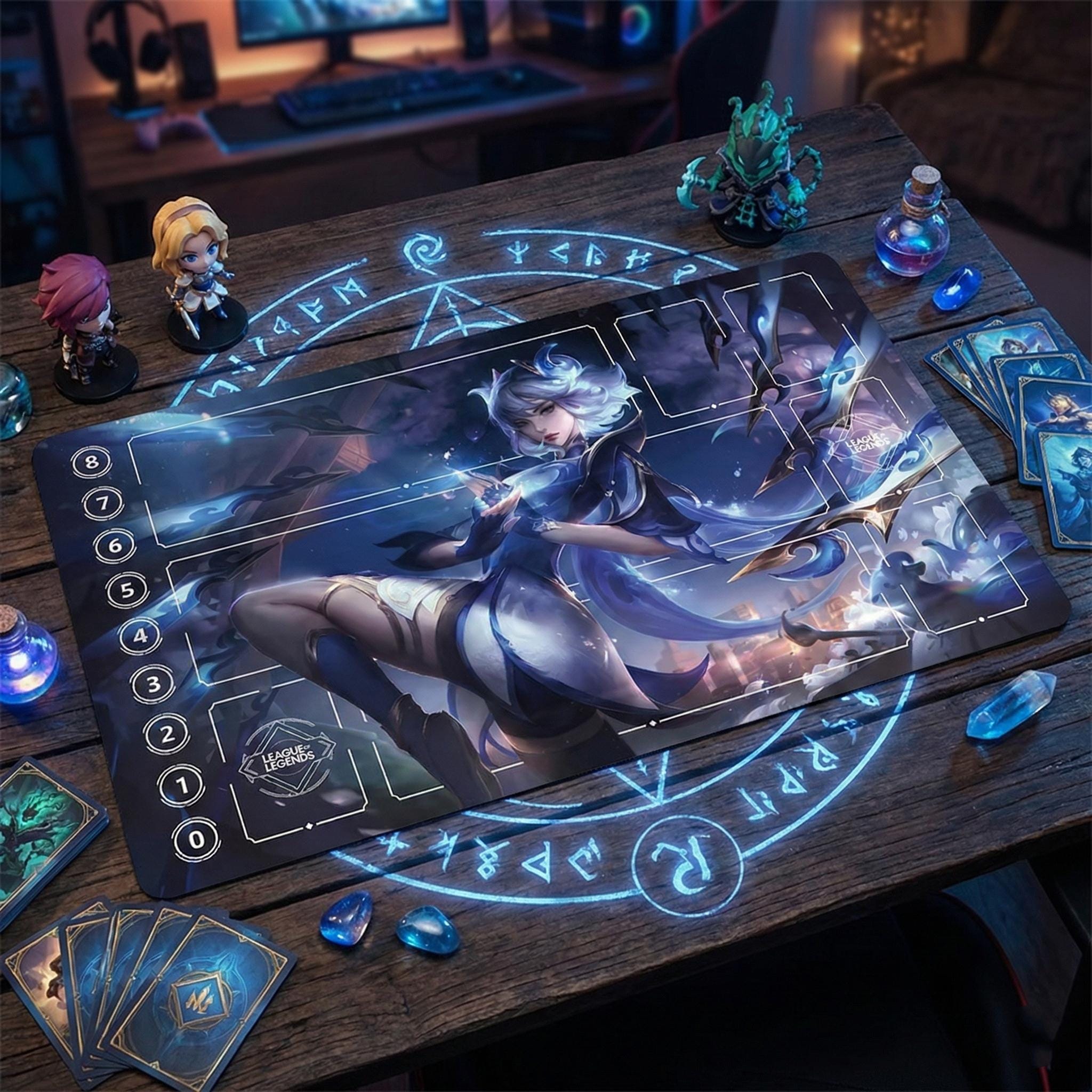 Gwen Cosmic TCG Playmat | League of Legends Inspired Card Mat with Zones & Life Tracker | LOL Riftbound Desk Mat | Stitched Edge 24x14