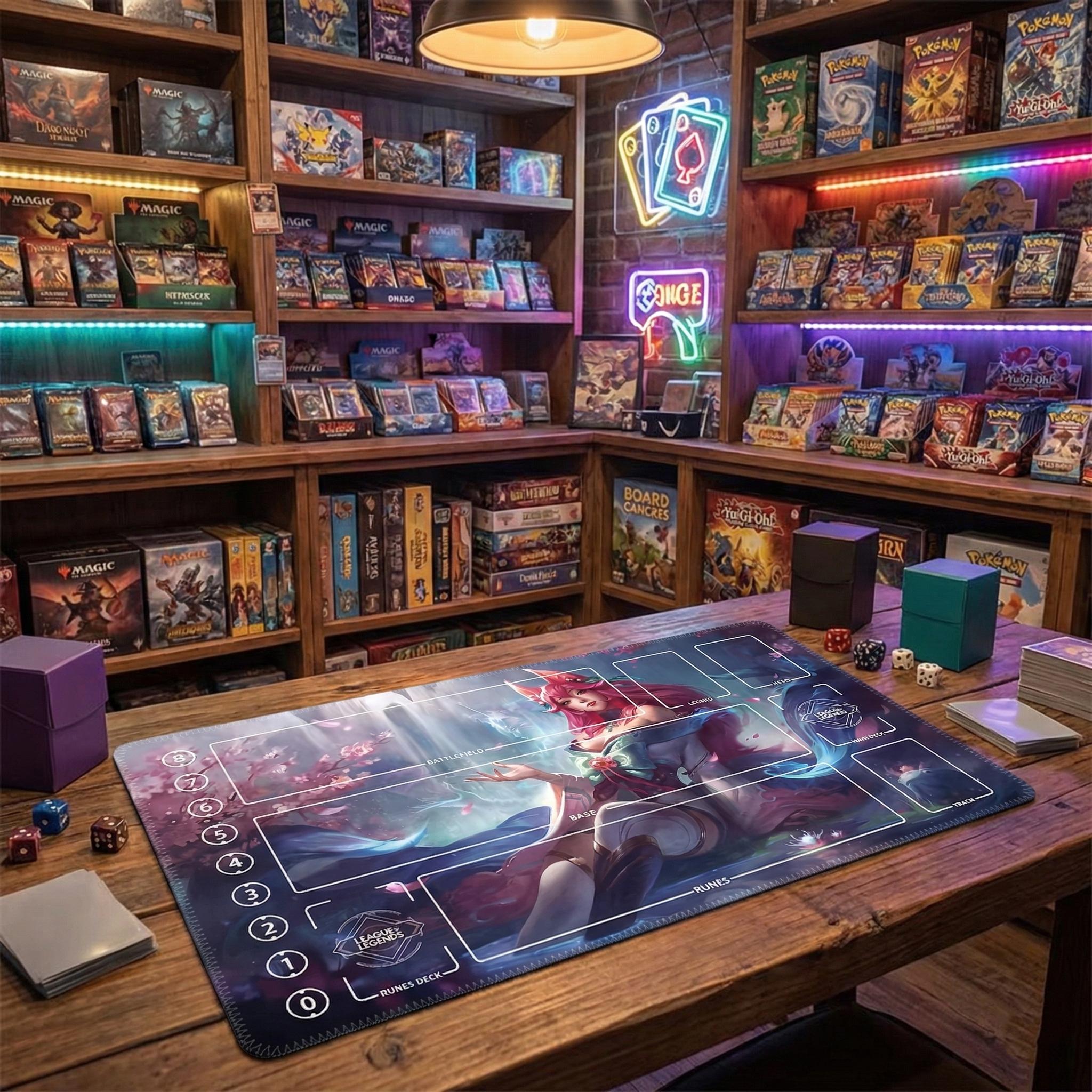 Spirit Blossom Ahri TCG Riftbound Playmat | League of Legends Card Game Mat with Zones | Anime Fox Girl Art | 24x14" inches Stitched Edges