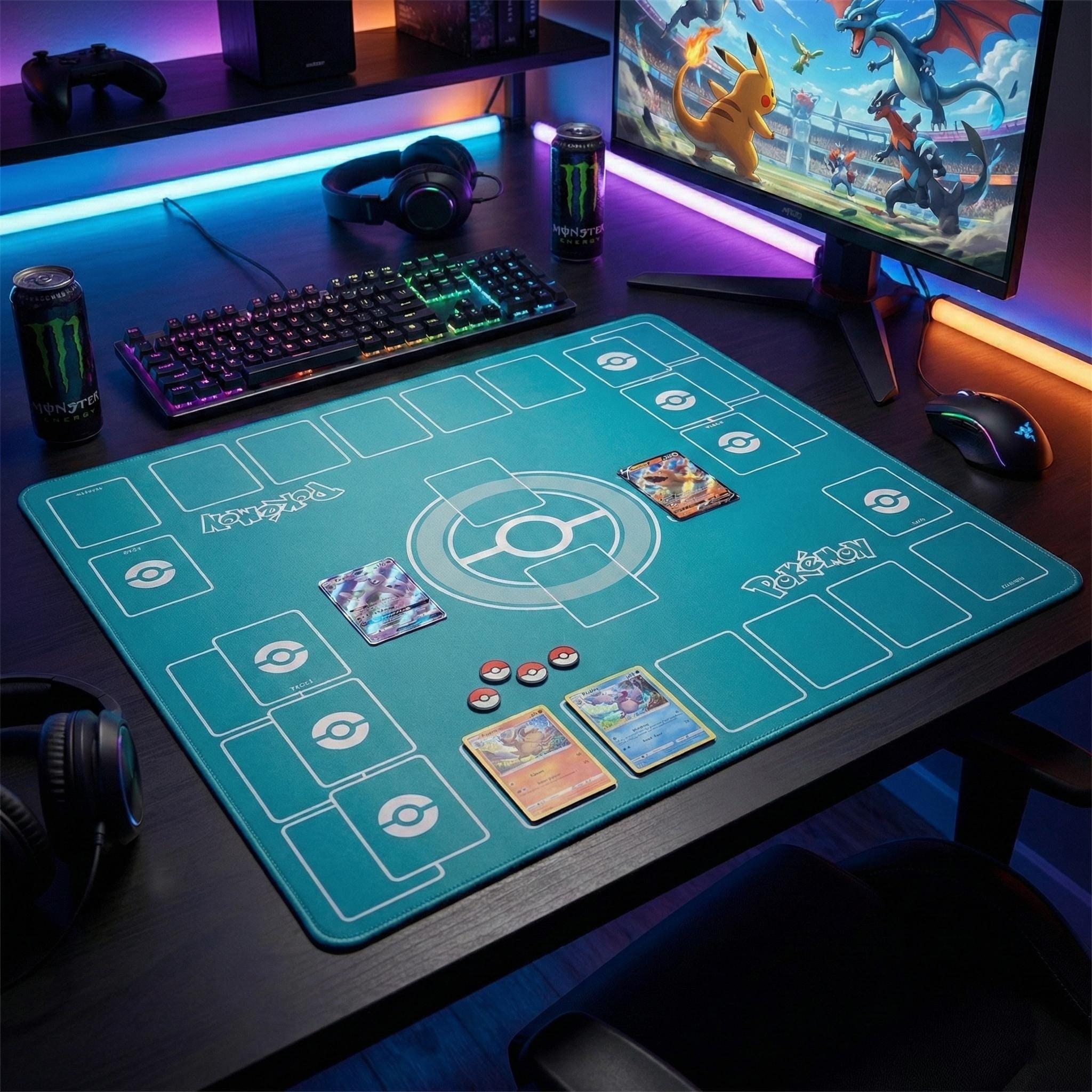 Duo Pokemon Playmat | 2 Player TCG Battle Mat | Double Field Resource & Battle Zones | Two-Player Layout | 24 x 24 inches