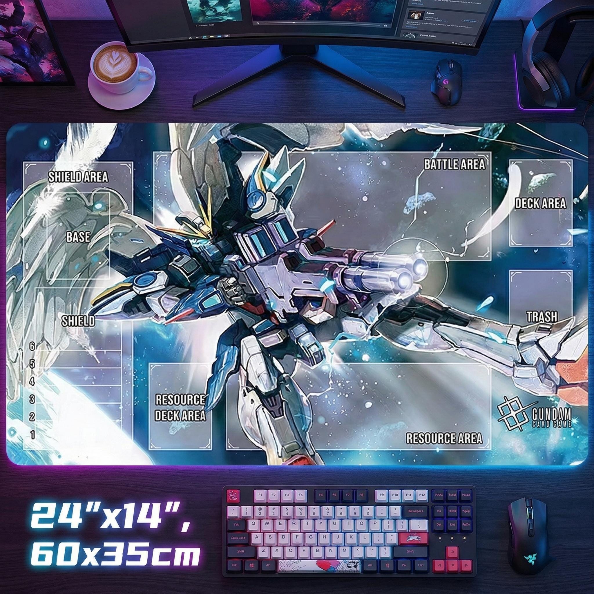 Wing Gundam Zero TCG Playmat with Zones | Gundam Card Game Mat 24x14 | Mobile Suit Mecha Art Desk Mat | Tabletop Gaming Gift for TCG Fans