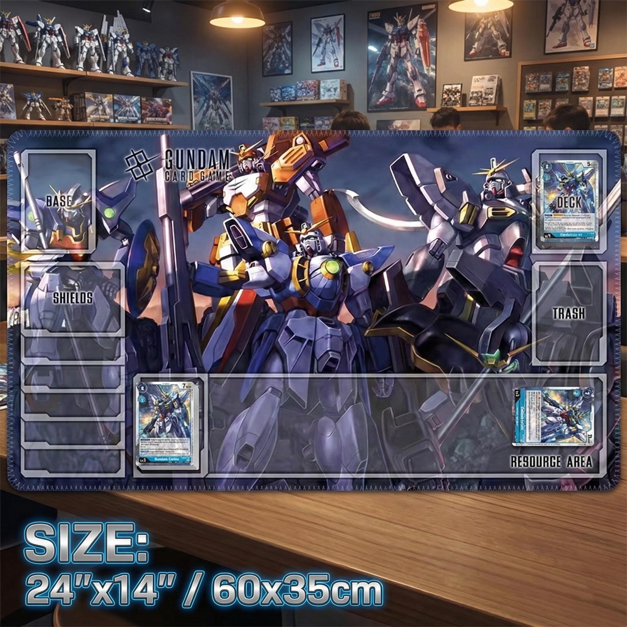 Gundam Card Game Playmat with Zones - 24x14" Gundam Wing TCG Card Mat & Desk Mat - Non-Slip Rubber Base GCG Gaming Accessory Gift for Fans