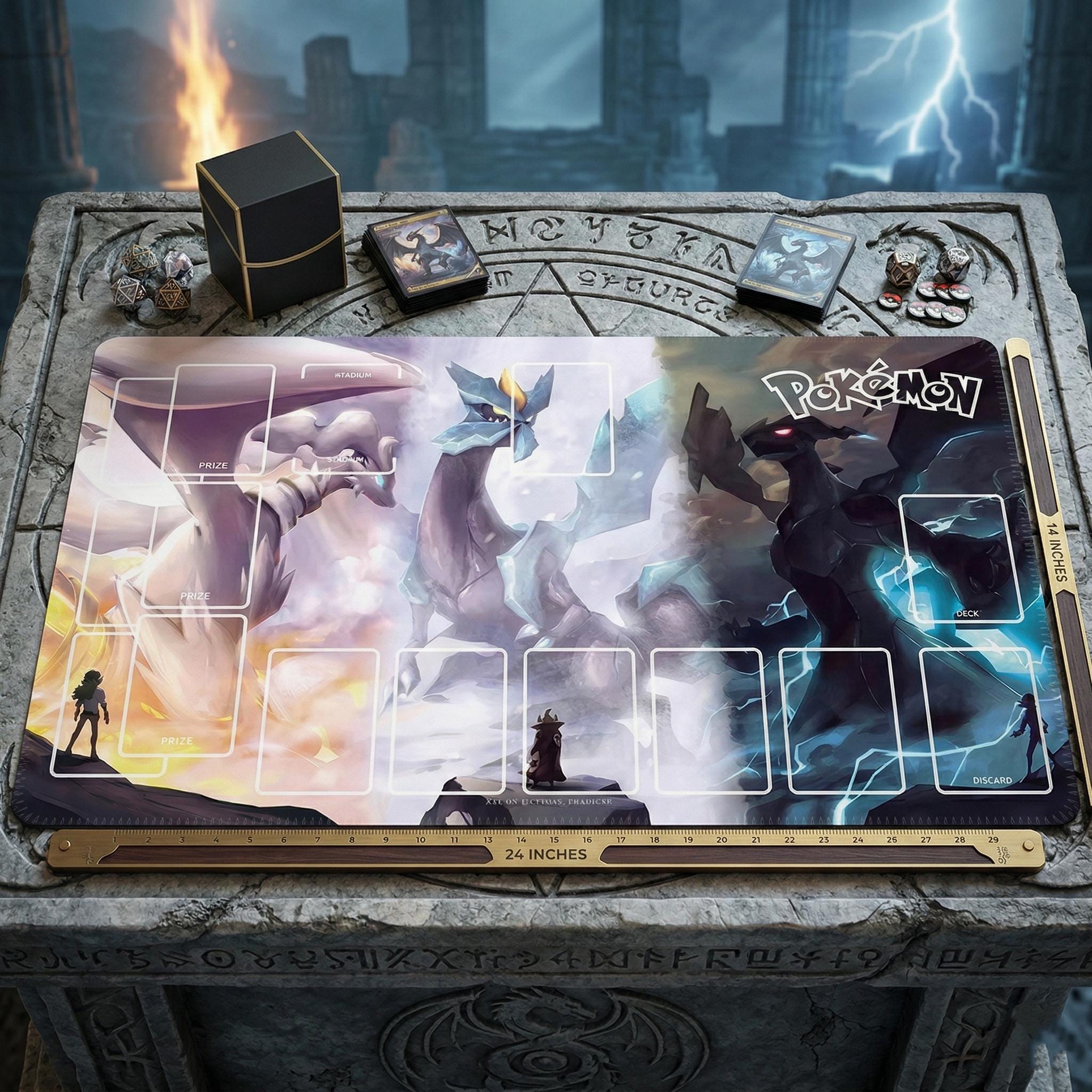 Pokemon Playmat | PTCG Card Game Mat | Reshiram Kyurem Zekrom Pokemon Playmat | 24x14" inches