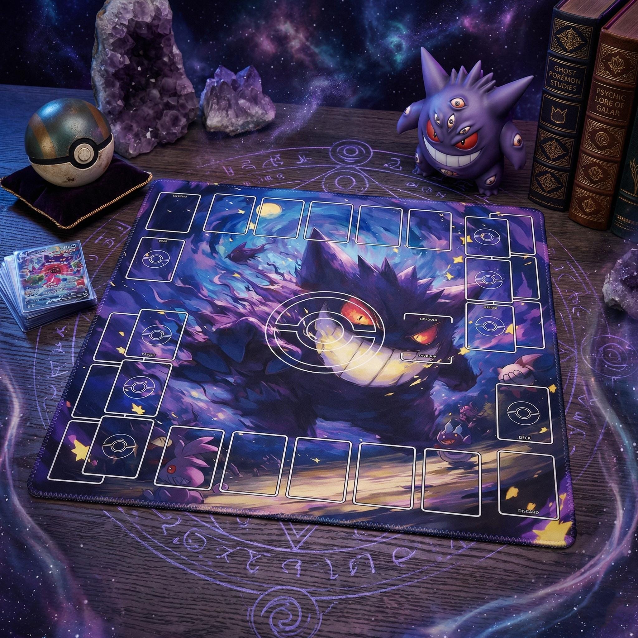 Gengar Ghost Duo Pokemon Playmat | 2 Player TCG Battle Mat | Multi-Color Pokemon Duo Mat | Two-Player Layout | 24 x 24 inches
