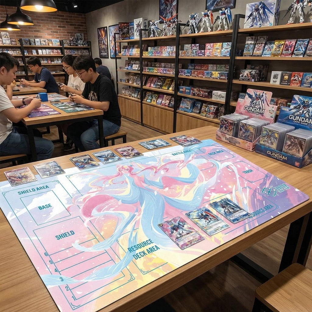 Lacus Clyne Gundam Card Game Playmat with Zones | Pink Cherry Blossom GCG Mat 24x14 | Gundam SEED Anime Desk Mat | TCG Gift for Players
