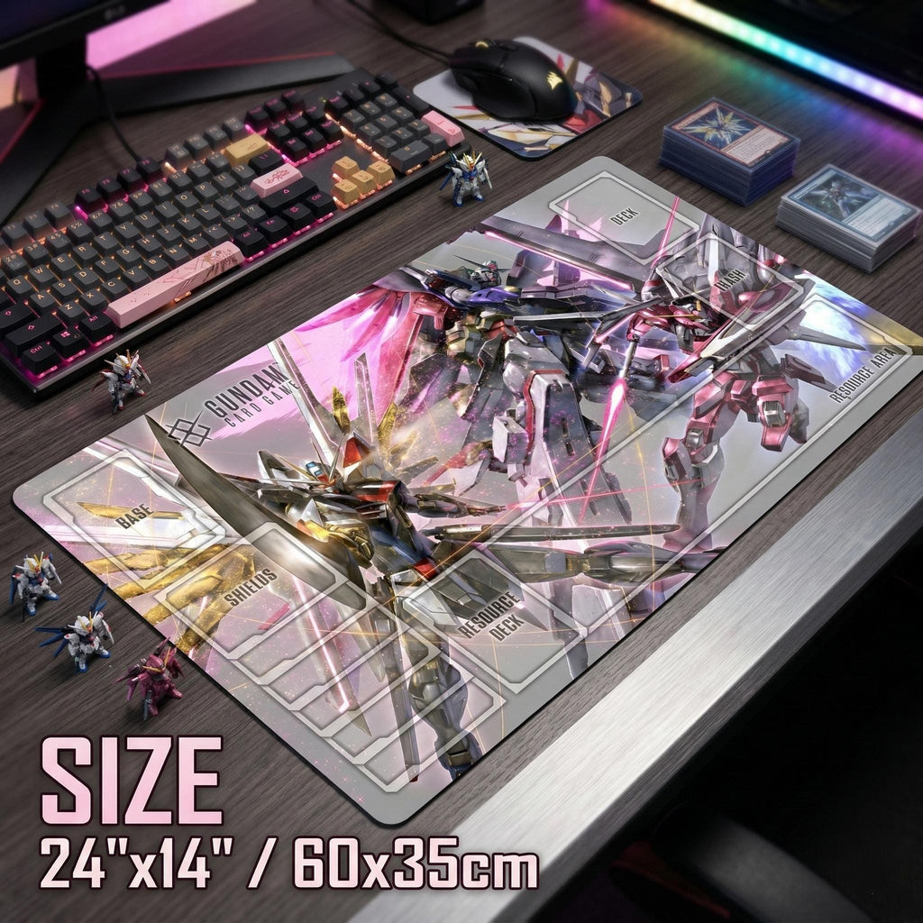 Gundam TCG Playmat - Rising Freedom & Immortal Justice Desk Mat - 24x14 Mecha Trading Card Game Mat | Mouse pad - Anime Gamer Gift Idea