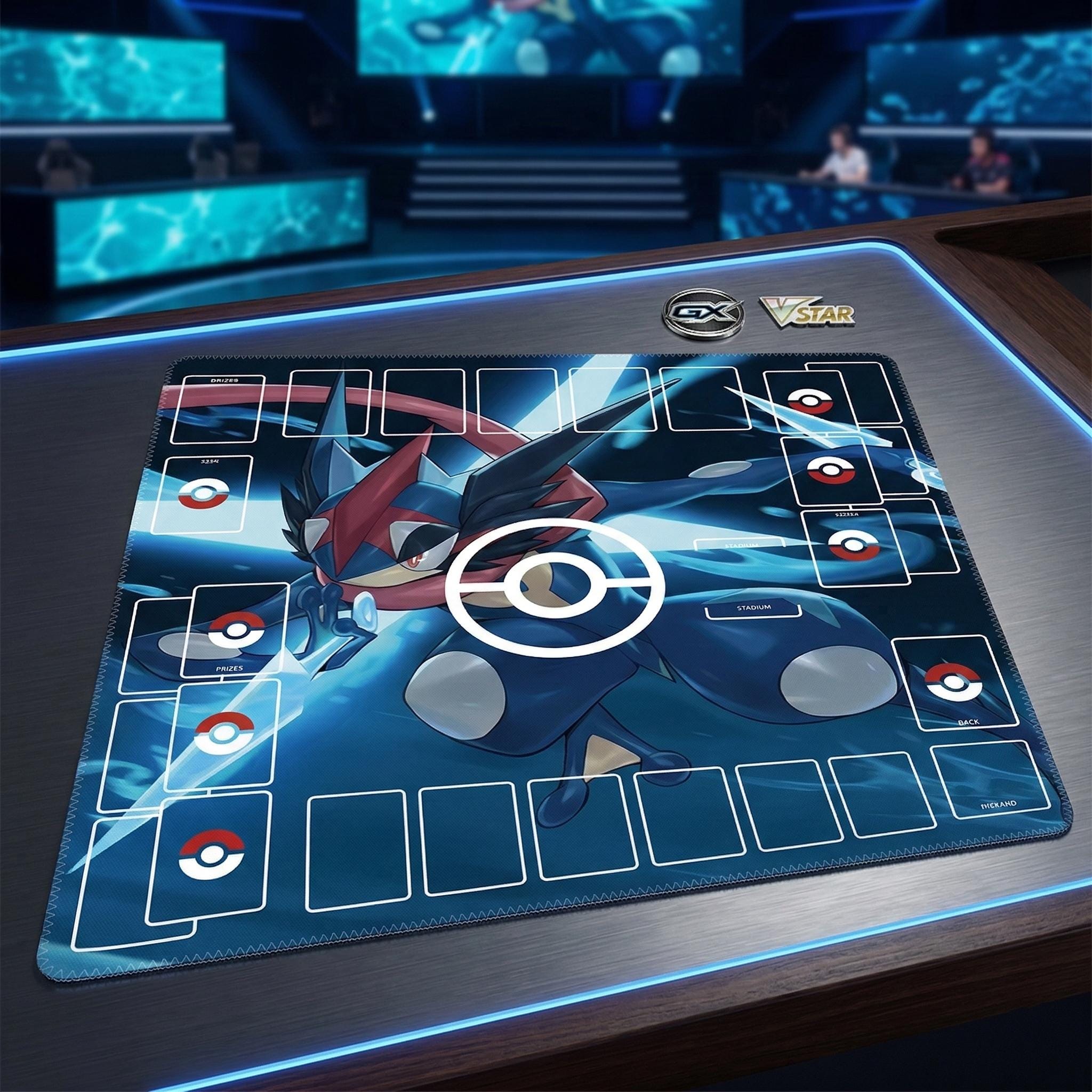 Ash Greninja Duo Pokemon Playmat | 2 Player TCG Battle Mat | Double Field Resource & Battle Zones | Two-Player Layout | 24 x 24 inches