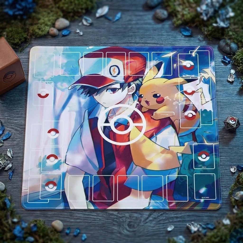 Pikachu Red Duo Pokemon Playmat | 2 Player TCG Battle Mat | Double Field Resource & Battle Zones | Two-Player Layout | 24" x 24"