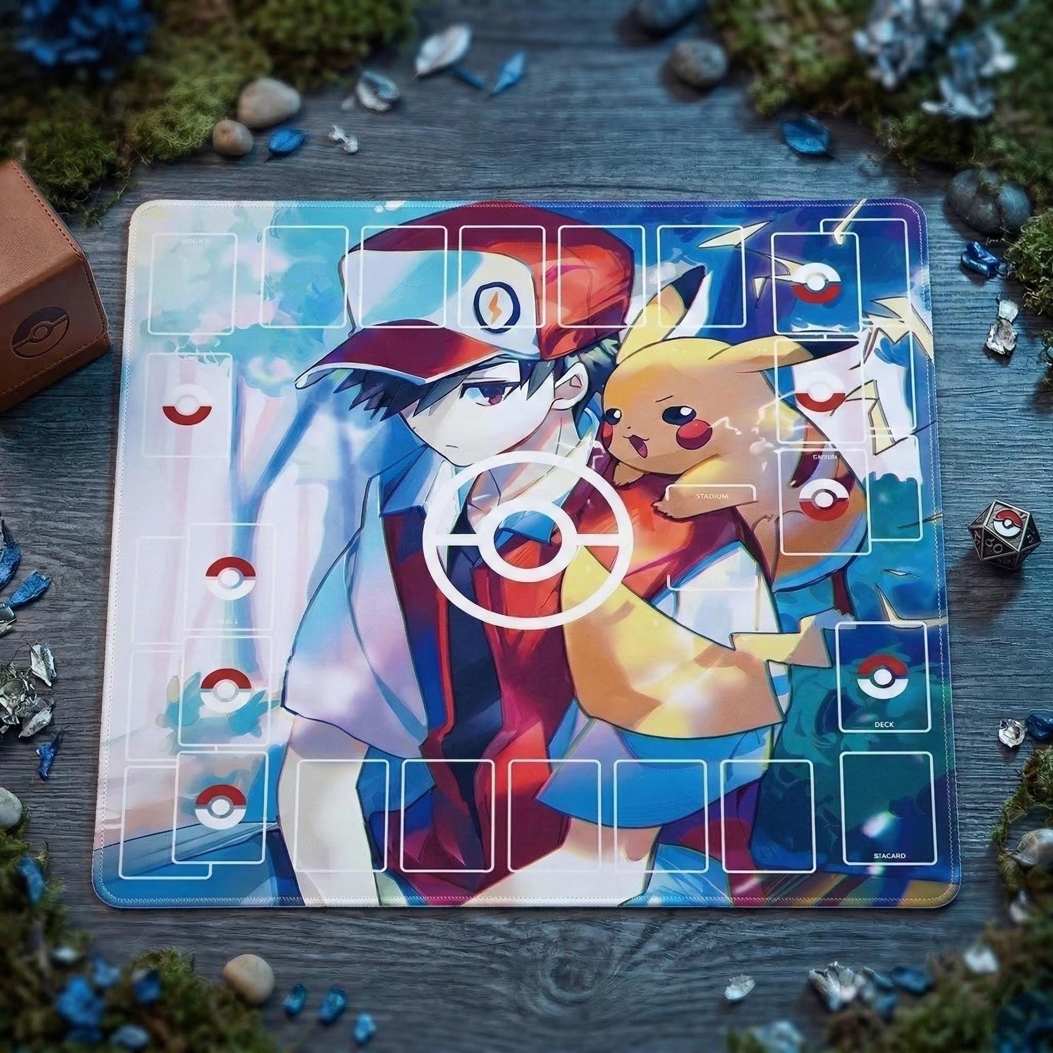 Pikachu Red Duo Pokemon Playmat | 2 Player TCG Battle Mat | Double Field Resource & Battle Zones | Two-Player Layout | 24" x 24"