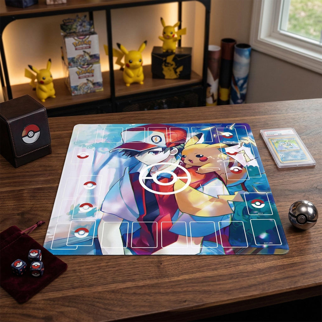 Pikachu Red Duo Pokemon Playmat | 2 Player TCG Battle Mat | Double Field Resource & Battle Zones | Two-Player Layout | 24" x 24"