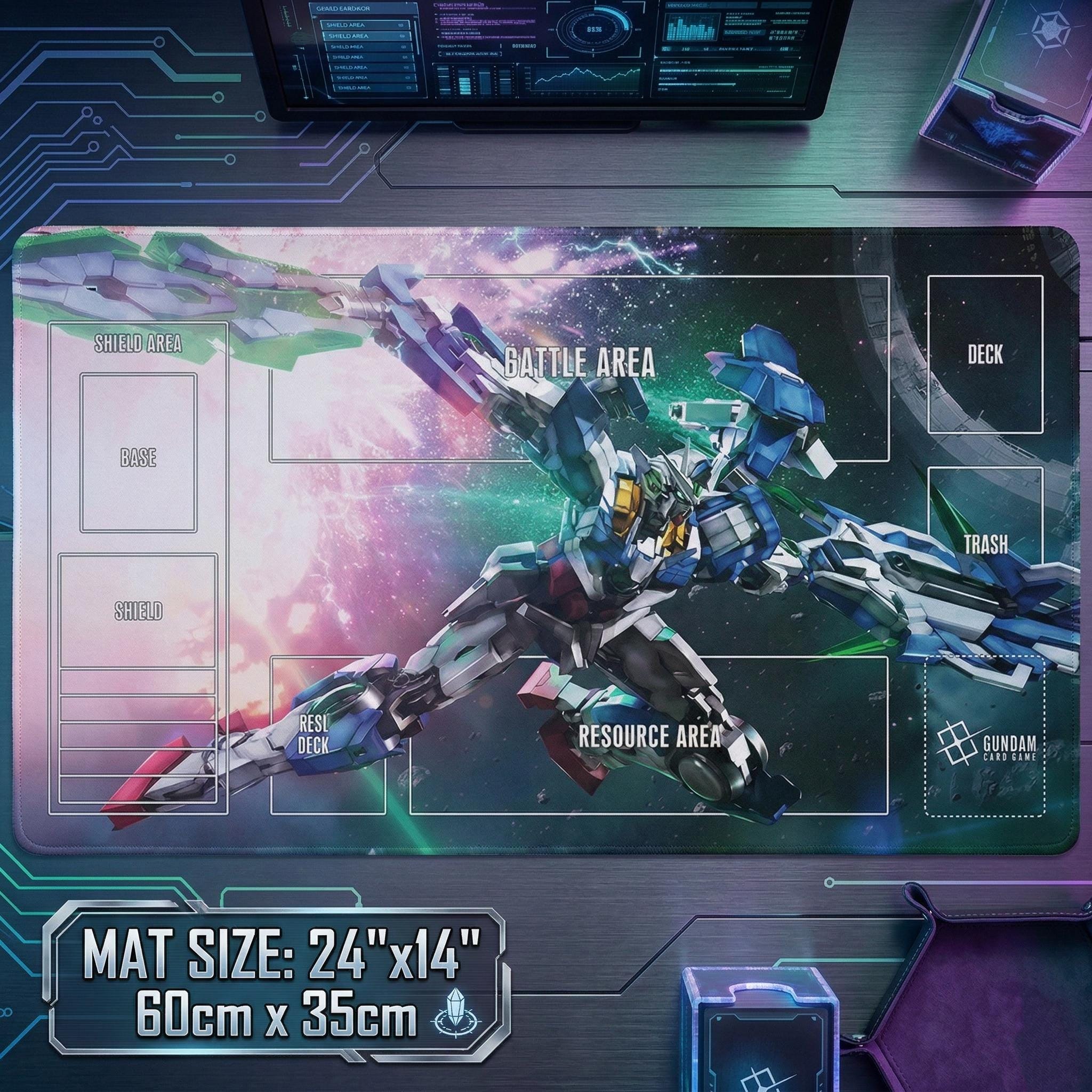 Gundam 00 Qan[T] Playmat, 24x14 Inch Card Gaming Pad, Mecha Mousepad
