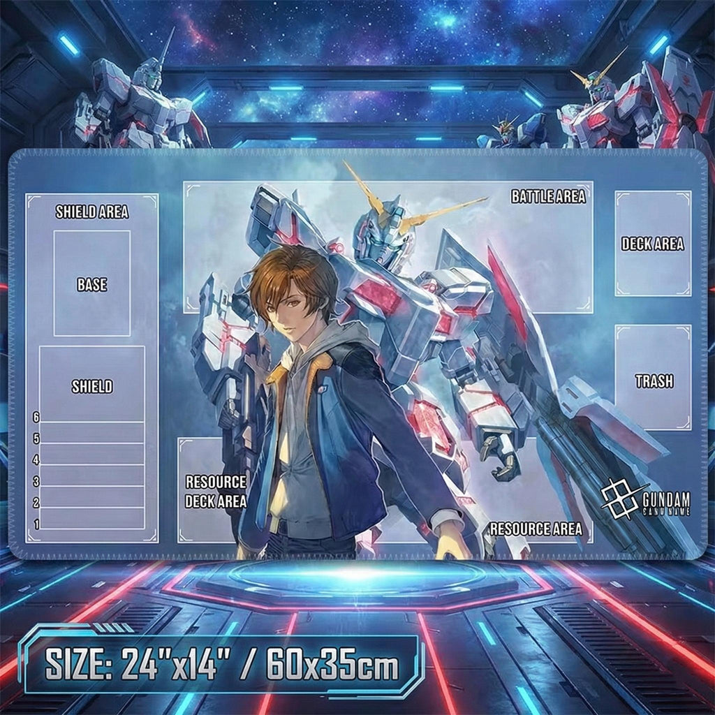 Gundam Card Game Playmat Unicorn Gundam & Banagher Links–GCG TCG Desk Mat with Zones–24x14 Gaming Mat–Mobile Suit Gundam Unicorn Card Mat