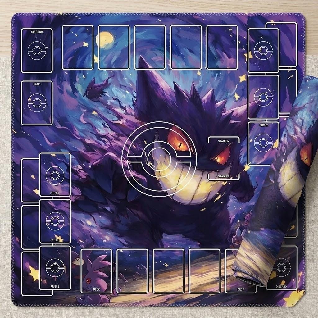 Gengar Ghost Duo Pokemon Playmat | 2 Player TCG Battle Mat | Multi-Color Pokemon Duo Mat | Two-Player Layout | 24 x 24 inches
