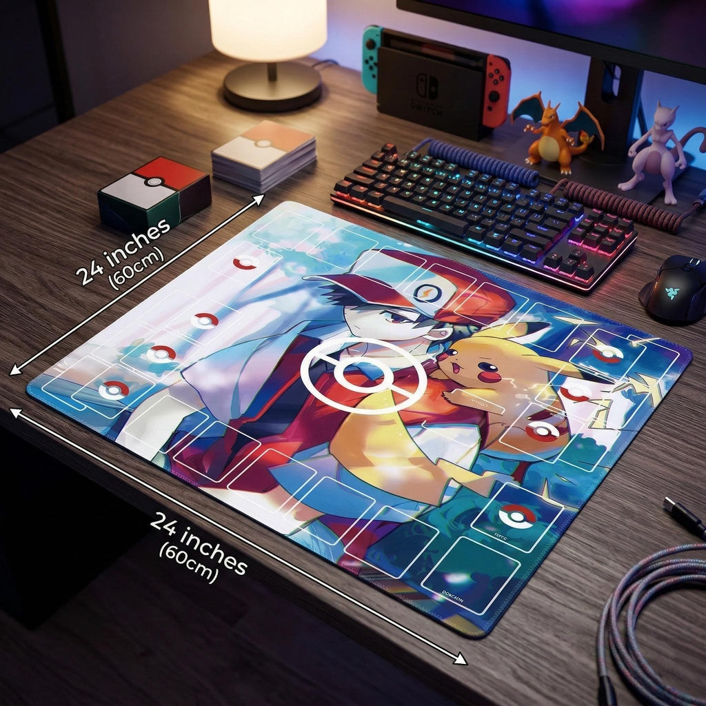 Pikachu Red Duo Pokemon Playmat | 2 Player TCG Battle Mat | Double Field Resource & Battle Zones | Two-Player Layout | 24" x 24"
