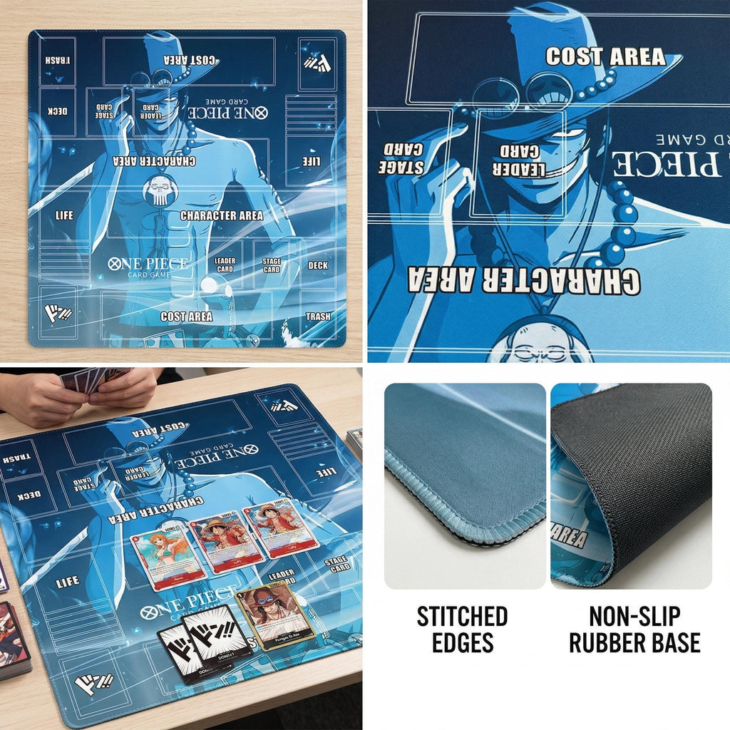 One Piece Card Game 2 Player Playmat - Portgas D. Ace - OPCG TCG Mat with Zones - Custom Anime Gaming Desk Mat - Ace One Piece TCG Accessory
