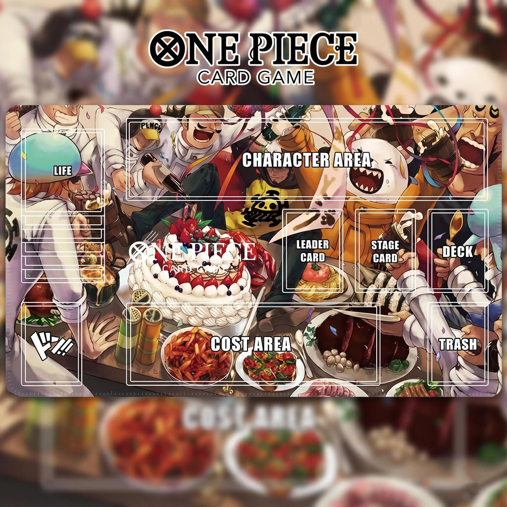 One Piece TCG Card Game Playmat - Heart Pirates Celebration Feast - Anime Desk Mat with Card Zones - Stitched Edge TCG Mat