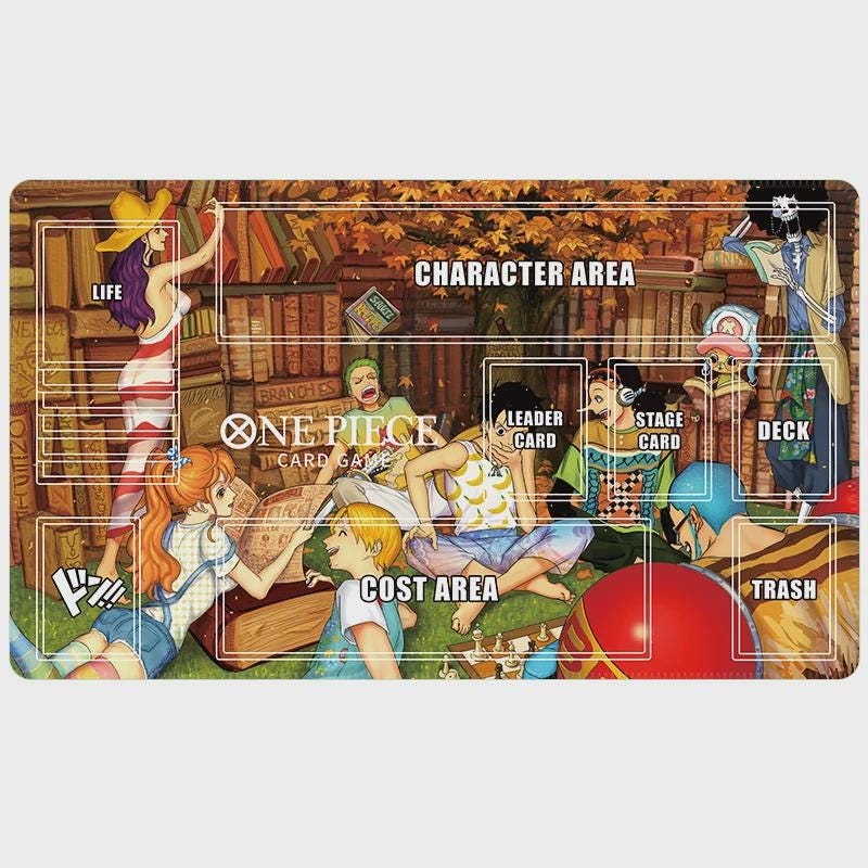 One Piece TCG Playmat with Card Zones - Straw Hat Crew Library Design - Anime Card Game Mat - Premium TCG Accessories - 24x14 Inch Desk Mat