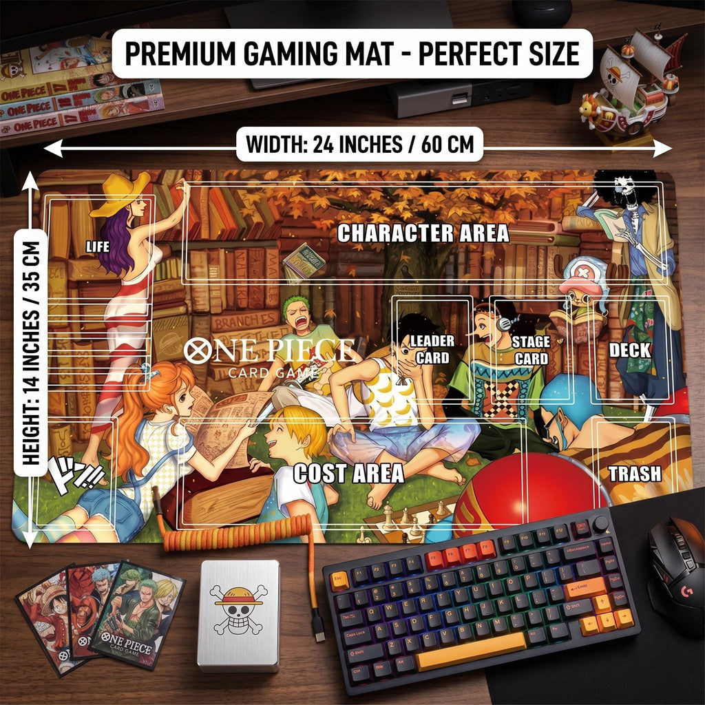 One Piece TCG Playmat with Card Zones - Straw Hat Crew Library Design - Anime Card Game Mat - Premium TCG Accessories - 24x14 Inch Desk Mat