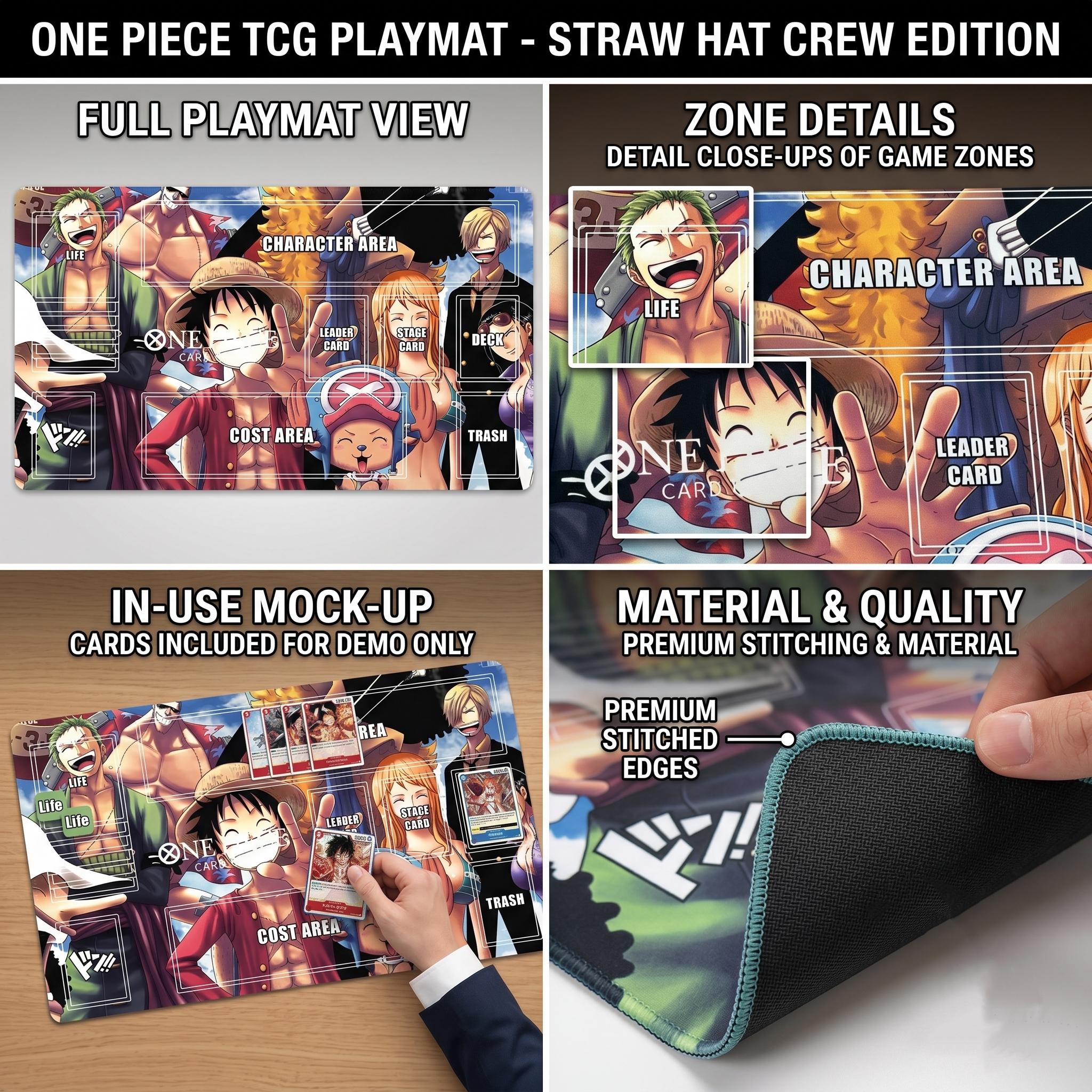 One Piece TCG Playmat - Straw Hat Pirates Crew Design - Trading Card Game Mat with Zones - Anime Desk Mat - Large TCG Gaming Mousepad