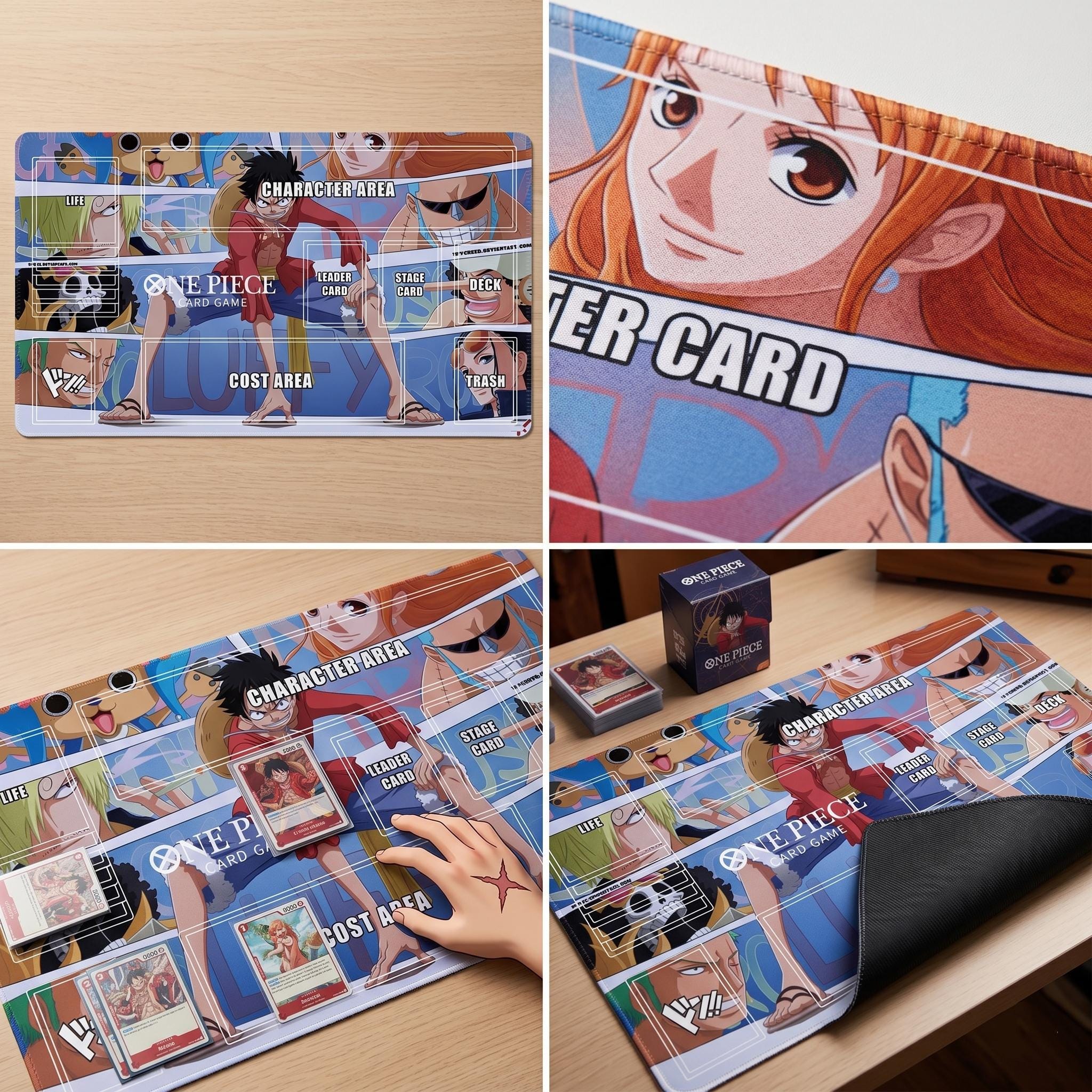 One Piece Card Game Playmat | Straw Hat Crew TCG Mat with Zones | Luffy & Nakama Custom Desk Mat | Anime Accessories | Non-Slip Rubber Base