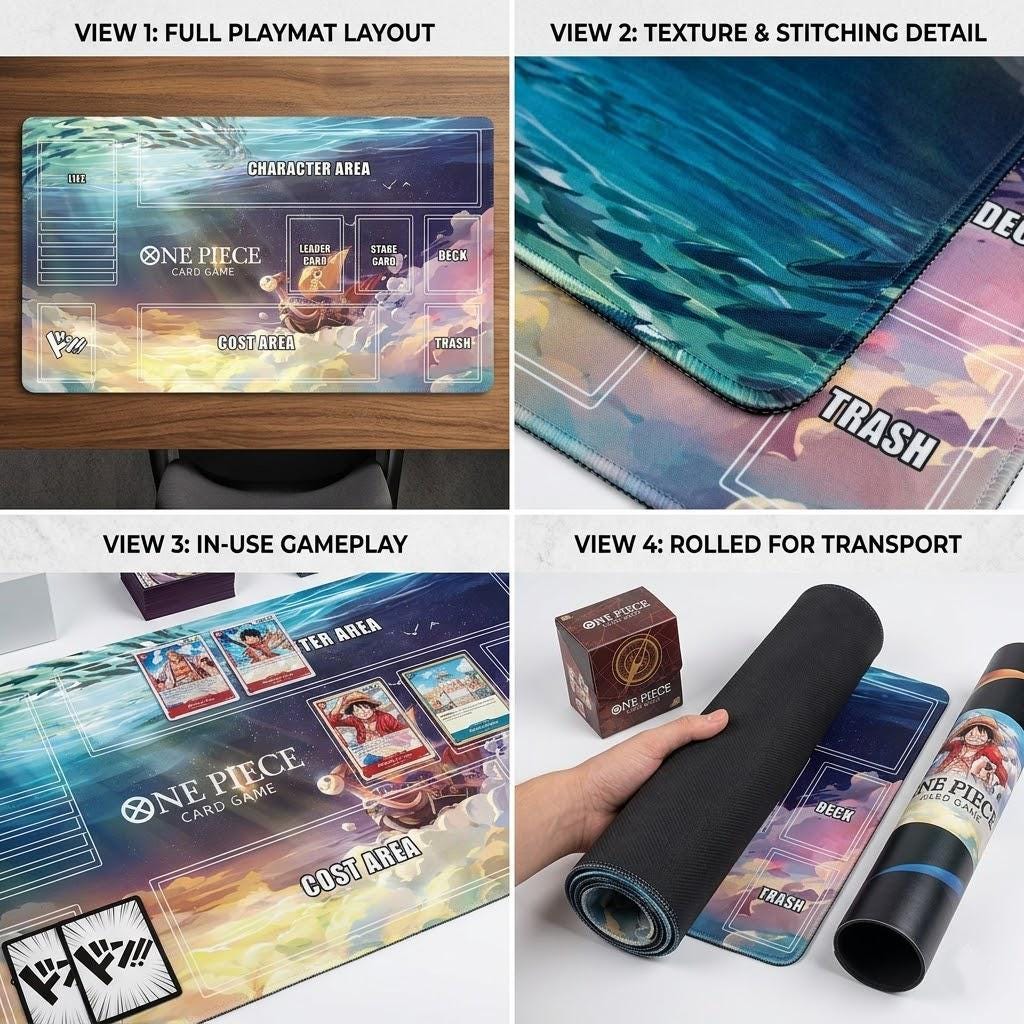 One Piece Card Game Playmat with Zones, Thousand Sunny Design, Premium TCG Desk Mat, Custom TCG Playmat for OPCG, Anime Card Game Mat