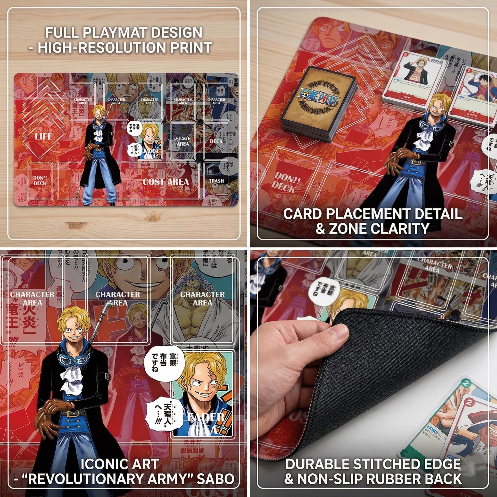 Sabo One Piece TCG Playmat – Manga Panel Design – Custom Trading Card Game Mat – OP-04 Leader Inspired – TCG Desk Mat with Zones 24" x 14"