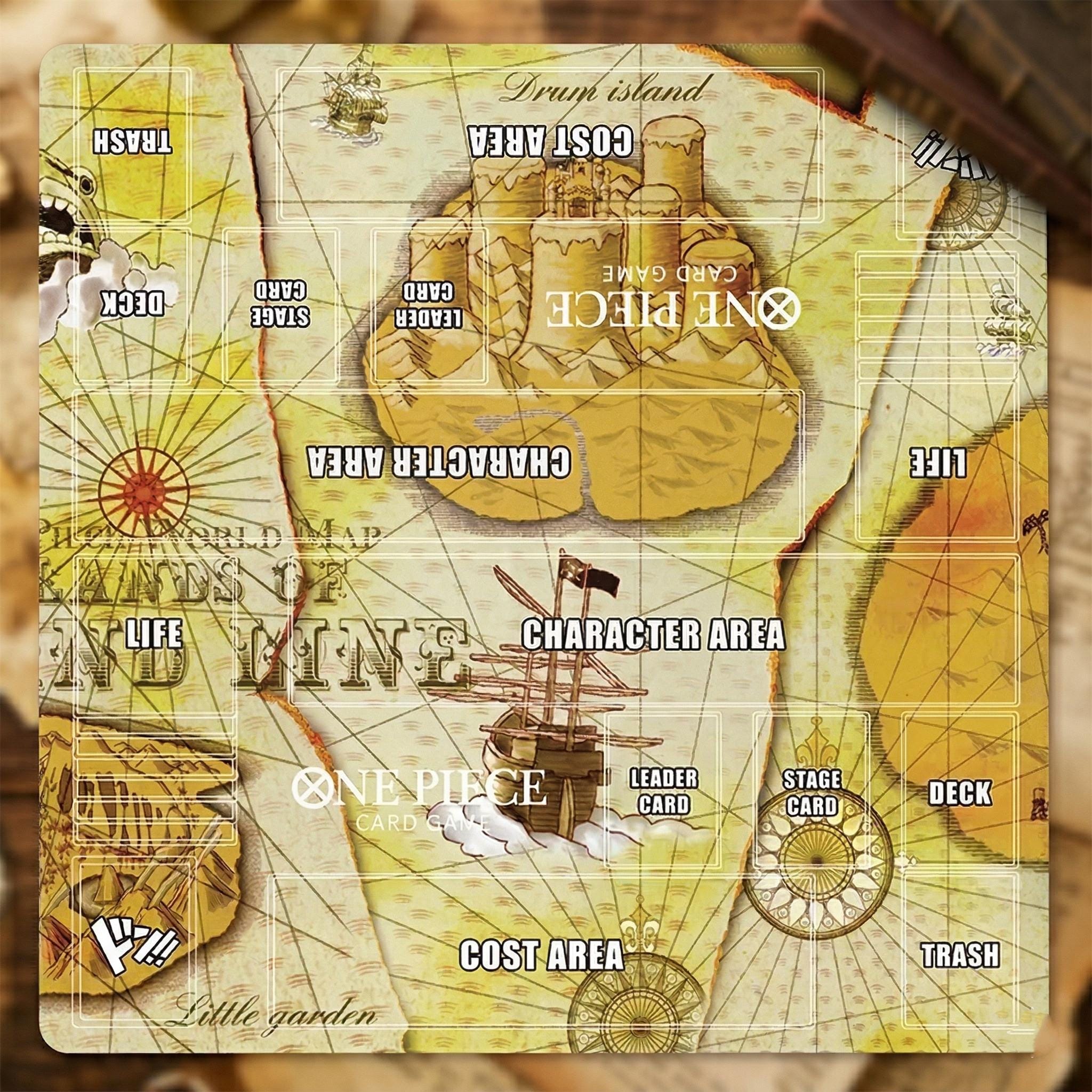 One Piece Card Game Playmat 2-Player - Grand Line World Map TCG Desk Mat - Double Duel Layout Mat 24 x 24" - Custom Anime TCG Play Mat