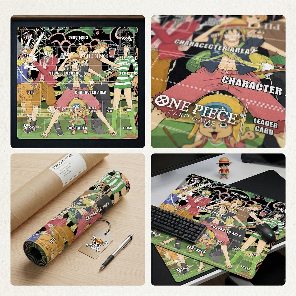 One Piece Card Game Playmat 2-Player -Straw Hat Pirates Crew Custom Desk Mat - Double Duel Layout Mat 24" x 24" - Anime Desk Mat